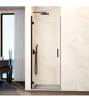 Box doccia con 1 porta battente GLASS con cerniera su profilo NERO
