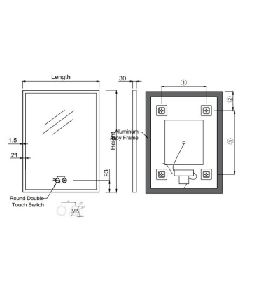 Specchio quadrato con cornice nera e luce LED SUIZA