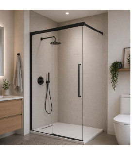 Box doccia fisso frontale + porta scorrevole con tirante PAVIA Nero Opac