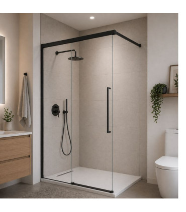 Box doccia fisso frontale + porta scorrevole con tirante PAVIA Nero Opac